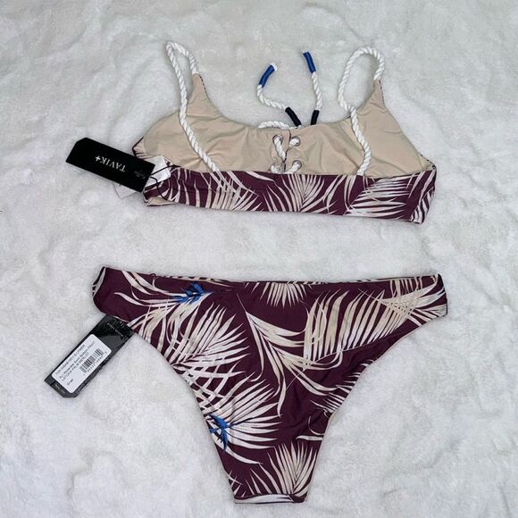 TAVIK REIGN Swim Top PRINT LATONA PALM MERLOT & ALI Moderate Swim Bottom Size Sm - Picture 2 of 11